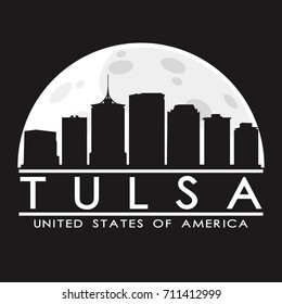 Tulsa Oklahoma, USA, Full Moon Night Skyline. Silhouette Design City Vector Art Background Illustration.