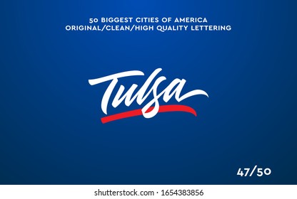 Tulsa, EE.UU. grabado a mano con letras caligráficas en estilo original. Fuente de escritura tipográfica de las ciudades de Estados Unidos para impresiones, publicidad, identidad. Dibujo a mano de arte turístico de alta calidad. Viajes y aventuras