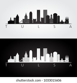 Tulsa usa skyline and landmarks silhouette, black and white design, vector illustration.