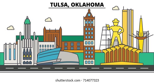 Tulsa,Oklahoma. City skyline: architecture, buildings, streets, silhouette, landscape, panorama, landmarks. Editable strokes. Flat design line vector illustration concept. Isolated icons