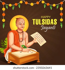 Tulsidas Jayanti poster design with his illustration. He was a great Indian saint and poet.