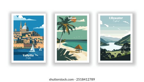 Tulum, Mexico, Ullswater, England, Valletta, Malta - Vintage travel poster