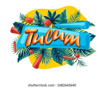 Tulum tropical leaves bright banner orange letters