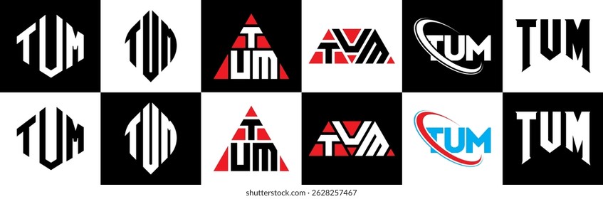 TUM letter logo design in six style. TUM polygon, circle, triangle, hexagon, flat and simple style with black and white color variation letter logo set in one artboard. TUM minimalist and classic logo