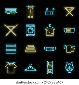 Conjunto de iconos de la máquina secadora. Conjunto de contorno de la máquina secadora de tambor iconos vectoriales de color neón en negro