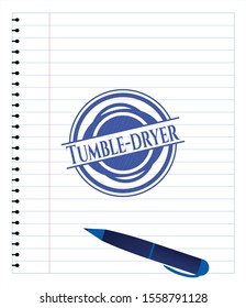 Tumble-dryer emblem with pen effect. Blue ink. Vector Illustration. Detailed.