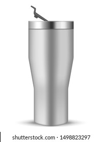 Tumbler Cup With Closing Flip Lid, Realistic Vector Mockup. Stainless Steel Water Bottle, Mock-up. Travel Thermo Mug, Template.