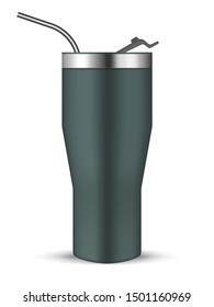 Tumbler cup with flip lid and metal drinking straw, realistic vector mockup. Stainless steel insulated bottle, mock-up. Travel thermo mug, template.