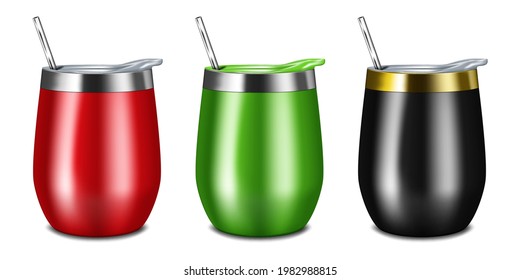 Tumbler cup with lid and metal drinking straw isolated on white background, realistic vector illustration. Travel thermo mug. Color set. Easy to recolor