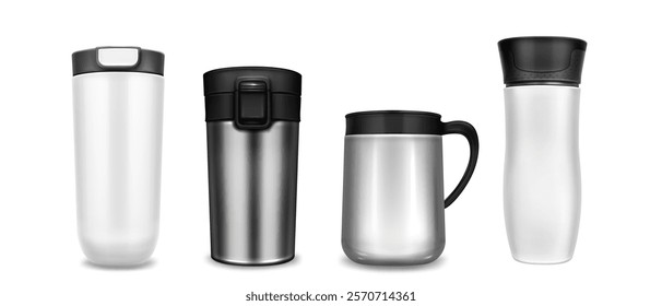 Tumbler cup mockup collection with metallic, white vacuum flasks in different shapes. Steel travel mugs with ergonomic handles, secure lids and insulated thermal walls. Template for branding promo.