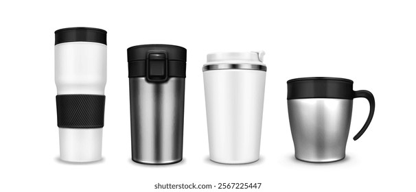 Tumbler cup mockup collection with stainless steel and white metallic designs. Various travel beverage containers with different handles, lids and heat protection bands. Reusable drink carriers.