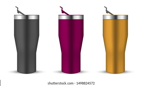 Tumbler cup with open push-in lid, realistic vector mockup. Water bottle, color mock-up set. Travel thermo mugs isolated on white background, template.