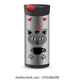 Tumbler Cup With Open Push-in Lid. Mug With Cute Cat Print Thermos For Hot And Cold Drinks. Vector Realistic Illustration.