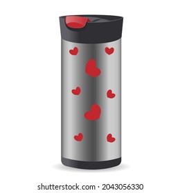 Tumbler Cup With Open Push-in Lid. Thermos For Hot And Cold Drinks. Vector Realistic Illustration.