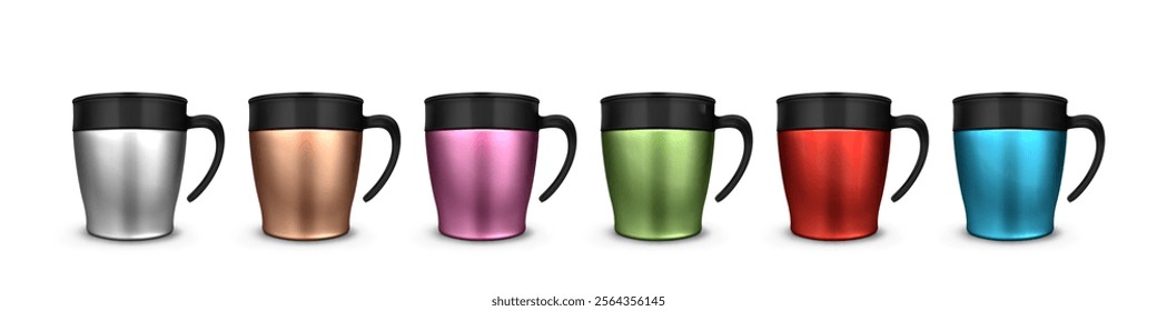 Tumbler cup set with black handles in varied metallic finishes - silver, bronze, pink, green, red and blue surface colors. 3D realistic travel mugs with secure lids and insulated thermal walls.