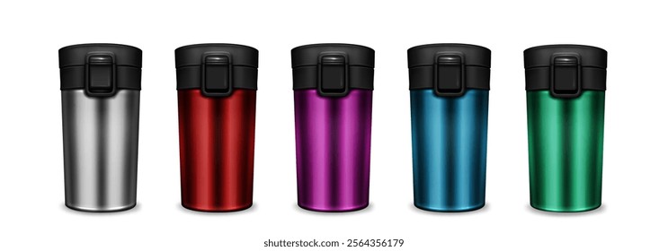 Tumbler cup set in metallic textures - silver and red, pink and blue, green. Identical vacuum flasks with secure black flip top lids. Insulated beverage containers for maintaining drink temperature.