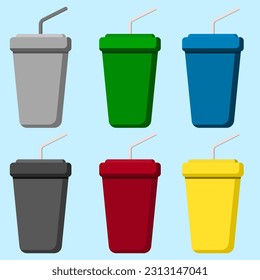 Tumbler, Cup with straw in many color in flat vector illustration design