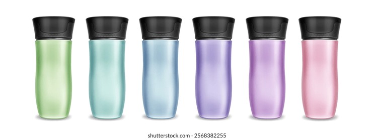 Tumbler cups with curved shape and black lids in pastel colors. Elegant drinkware collection with smooth metallic finish and ergonomic silhouette. 3D realistic travel mugs with thermal vacuum flasks.