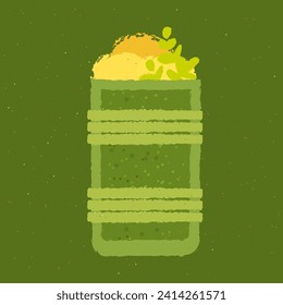 Tumbler glass. Cocktail drink with sprouted greens and bananas. Soft alcoholic liquid for event and party. Smoothie green for health. Alcoholic beverage for bar. Flat vector illustration with texture