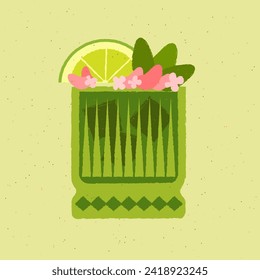 Tumbler glass. Cocktail with lime, flowers, mint for health. Green alcohol drink for bar. Soft alcohol liquid for event and party. Non-alcoholic green beveridge. Flat vector illustration with texture