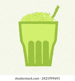 Tumbler glass. Matcha tea with cream. Green alcohol cocktail drink for bar. Healthy smoothie. Soft alcohol liquid for event and party. Healthy beverage. Flat vector illustration with texture
