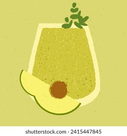 Tumbler glass. Smoothie with avocado and greens for health. Green cocktail alcoholic drink for bar. Soft alcohol liquid for event and party. Healthy beverage. Flat vector illustration with texture