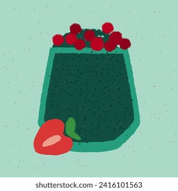 Tumbler glass. Smoothie with berries, strawberries and greens for health. Green cocktail alcoholic drink for bar. Soft alcohol liquid for event and party. Healthy beverage. Flat vector illustration