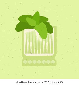 Tumbler glass. Smoothie with greens, basil and ice cubes for health. Green milk cocktail alcoholic drink for bar. Soft alcohol liquid for event and party. Flat vector illustration with texture