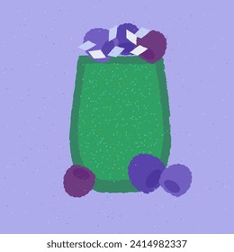 Tumbler glass. Smoothie with greens, blackberries and coconut flakes for health. Green cocktail alcoholic drink for bar. Soft alcohol liquid for event and party. Flat vector illustration with texture