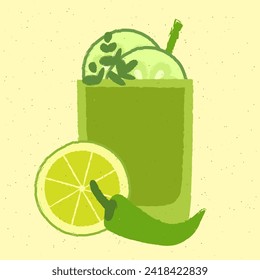 Tumbler glass. Smoothie with greens, cucumber, lime and hot pepper for health. Green cocktail alcoholic drink for bar. Soft alcohol liquid for event and party. Flat vector illustration with texture