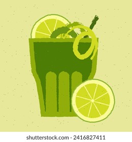 Tumbler glass. Smoothie with lime and zest for health. Green cocktail alcoholic drink for bar. Soft alcohol liquid for event and party. Healthy beverage. Flat vector illustration with texture