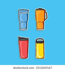 tumbler pack set sticker style vector illustration design isolated in a blue background, travel thermo mugs, a travel thermos