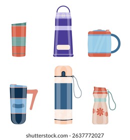Tumbler reusable thermo mug with plastic lid and hot beverage for travel outdoor eco design zero waste warm object illustration icon in cartoon style red aluminum portable steel