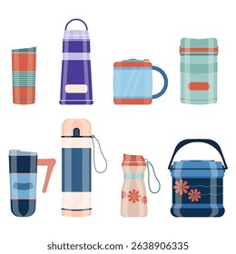 Tumbler reusable thermo mug with plastic lid and hot beverage for travel outdoor eco design zero waste warm object illustration icon in cartoon style red aluminum portable steel