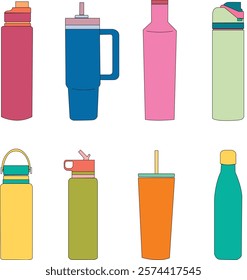 Tumbler set pack. Everyday tumblers with flat color. Insulated vacuum bottles with caps. Flat vector with bright colors. Thermos illustration