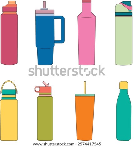 Tumbler set pack. Everyday tumblers with flat color. Insulated vacuum bottles with caps. Flat vector with bright colors. Thermos illustration