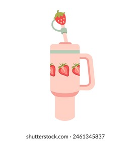 Tumbler for water and hot drinks. Custom bottle with strawberry-shaped rubber lid. Reusable thermos mug tumbler bottle, travel coffee cup and thermos. Color cup for shops. Vector flat illustration.