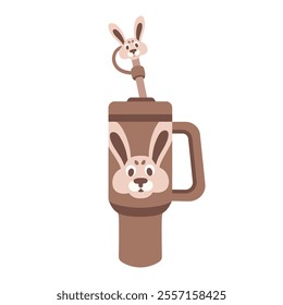 Tumbler for water and hot drinks. Custom bottle with bunny. Reusable thermos mug tumbler bottle, travel coffee cup and thermos. Trendy Mocha mousse Color cup for shops, brand. Vector illustration.