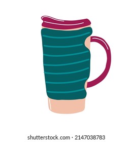 Tumblers with cap, handle and straw. Coffee to go. Thermo cup for take away coffee. Reusable cups and thermo mug. Vector thermos illustrations isolated on white background.Flat and cartoon style. 