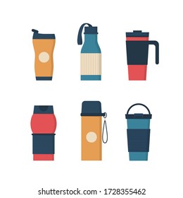 Tumblers with cover, travel thermo mugs, reusable cups for hot drinks. Different designs of thermos for take away coffee. Set of isolated vector illustrations in flat style on white background