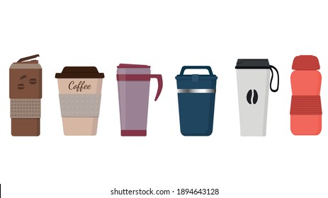 Tumblers with cover, travel thermo mugs, reusable cups for hot drinks. Different designs of thermos for take away coffee. Set of isolated vector illustrations in flat style on white background.