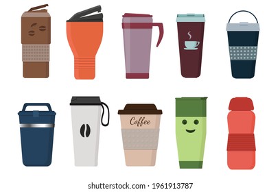 Tumblers with cover, travel thermo mugs, reusable cups for hot drinks. Different designs of thermos for take away coffee. Set of isolated vector illustrations in flat style on white background.