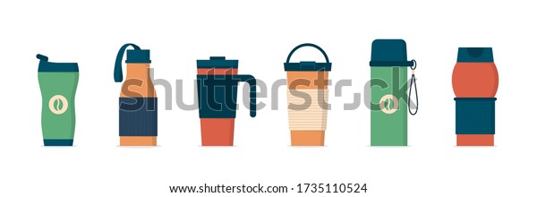 Tumblers with cover, travel thermo mugs,
reusable cups for hot drinks. Different designs of thermos for take
away coffee. Set of isolated vector illustrations in flat style on
white background