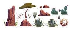 Tumbleweed, Cactuses And Rocks Of Sand Desert In Africa. Vector Cartoon Set Of Stones, Rolling Dry Bush, Tropical Green Tree And Desert Plants Isolated On White Background