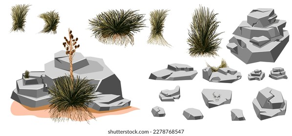 Tumbleweed, cactuses and rocks of sand desert in Africa. Vector cartoon set of stones, rolling dry bush, tropical green tree and desert plants isolated on white background