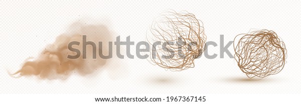 Tumbleweed, dry weed ball and brown dust clouds\
isolated on transparent background. Vector realistic set of flow\
desert sand and dead plants, rolling dry bushes, old tumble grass\
in prairie
