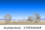 Tumbleweed rolls through the desert and dust flies, arid landscape