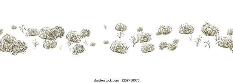 Tumbleweed seamless pattern on white. Dry herb, rolling in wind. Dry weed ball, rolling stem of dead plant decoration in western movie genre style. Metaphor of inconstancy. Vector illustration