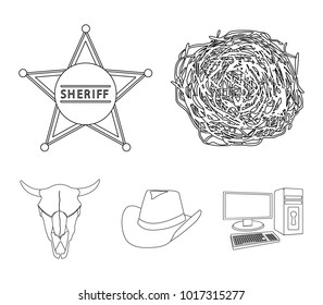 Tumbleweed, sheriff's star, hat, bull's skull. West West set collection icons in outline style vector symbol stock illustration web.
