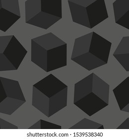 Tumbling cubes on gray background. Seamless pattern design.